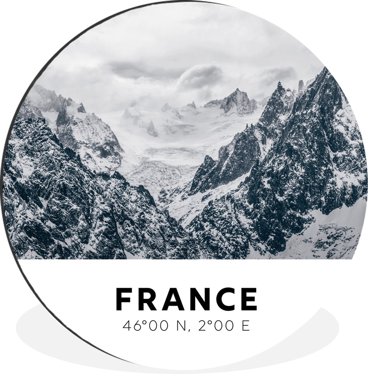 WallCircle Wandcirkel - Muurcirkel - Frankrijk - Alpen - Sneeuw - Aluminium - Dibond - 90x90 cm - Binnen en Buiten Multicolor
