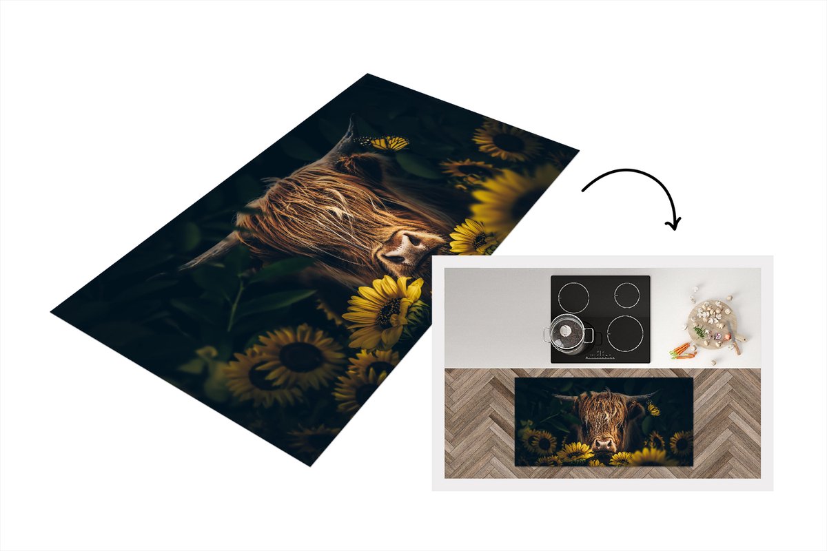 KitchenYeah Keukenloper - Loper keuken - Schotse hooglander - Bloemen - Koe - Botanisch - Dieren - 120x60 cm - Keukenloper vinyl Multicolor