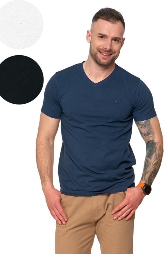 Premium Line T-shirt van gekamd katoen met V-hals - marineblauw XL