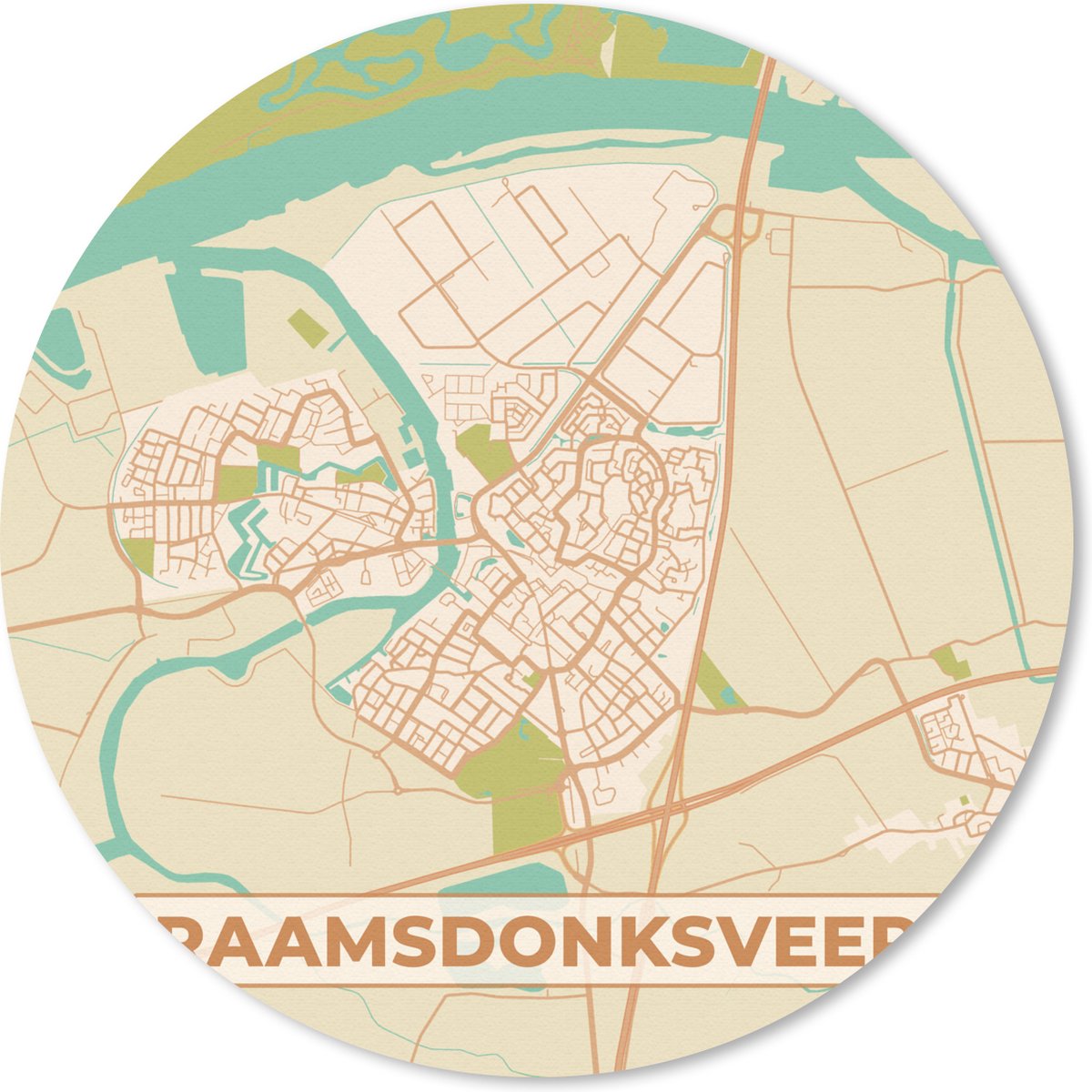 Muismat rond 50x50 cm - Mousepad Raamsdonksveer - Plattegrond - Kaart - Stadskaart - Vintage - Ronde muismatten - Stadskaart