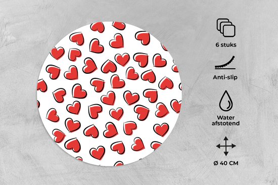 Sets de table ronds - Dessous de verre - Napperons ronds - Valentine - Coeur - Motif - 6 pièces