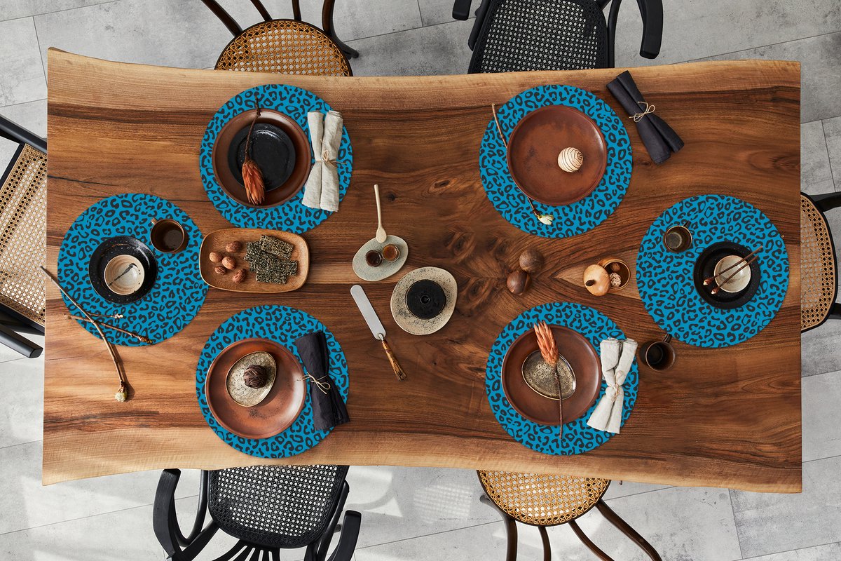 Ronde placemats - Onderlegger - Placemats rond - Panterprint - Blauw - Design - Dieren - 6 stuks