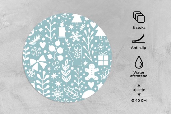 Ronde placemats - Onderlegger - Placemats rond - Winter - Sneeuw - Patronen - Wit - 8 stuks - Kerst - Cadeau - Kerstcadeau voor mannen, vrouwen en kinderen