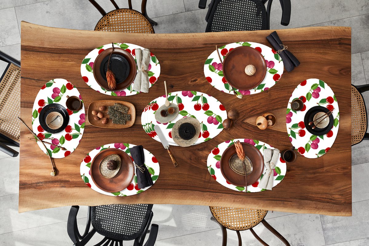 Placemats ovaal - Onderleggers - Ovale placemats - Kersen - Patronen - Fruit - 10 stuks