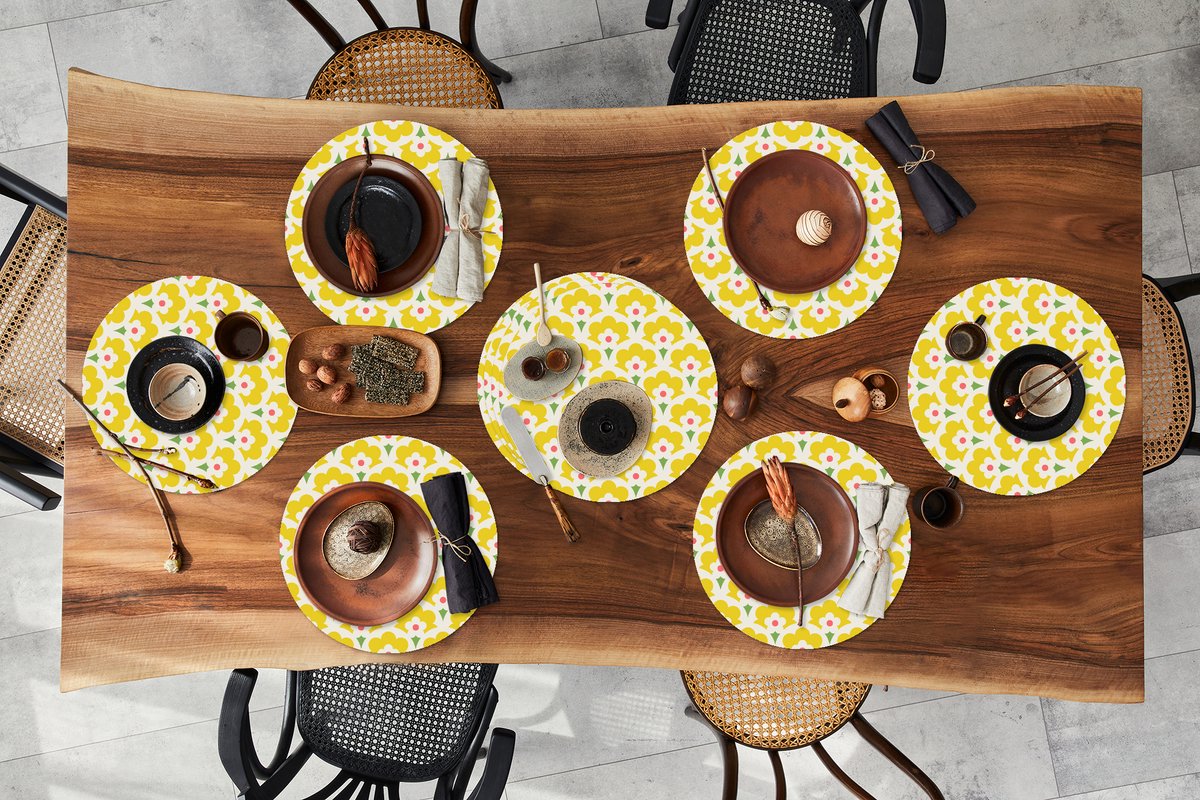 Ronde placemats - Onderlegger - Placemats rond - Design - Retro - Seventies - Geel - 10 stuks