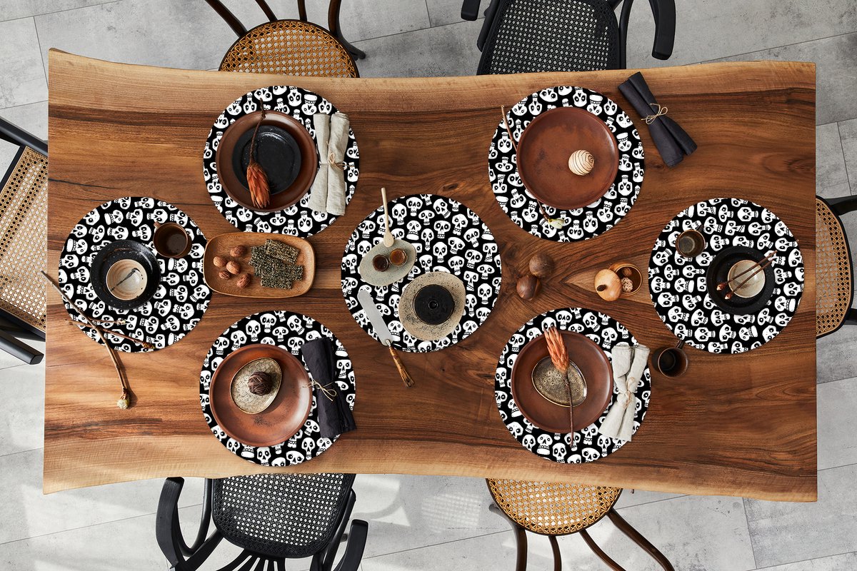 Ronde placemats - Onderlegger - Placemats rond - Patronen - Skull - Zwart Wit - 8 stuks