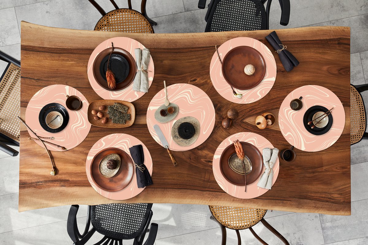 Ronde placemats - Onderlegger - Placemats rond - Marmer print - Zalm - Patronen - 8 stuks