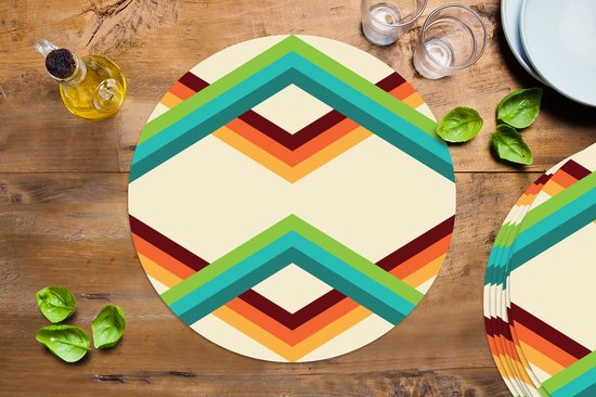 Sets de table ronds - Dessous de verre - Napperons ronds - Rétro - Rayures - Design - Seventies - 8 pièces
