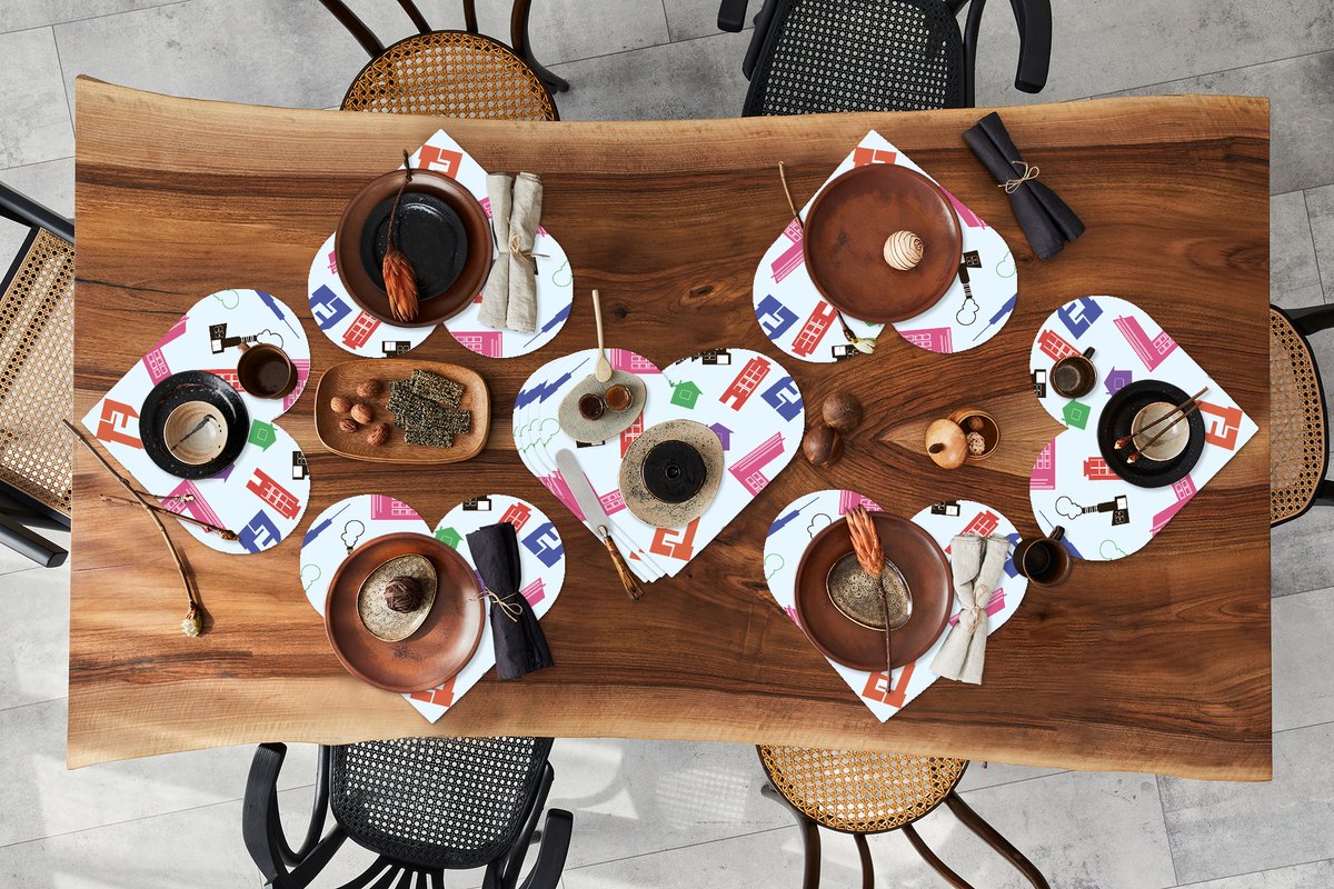 Onderleggers - Placemats - Placemats hartje - Patronen - Fabriek - Huis - 10 stuks