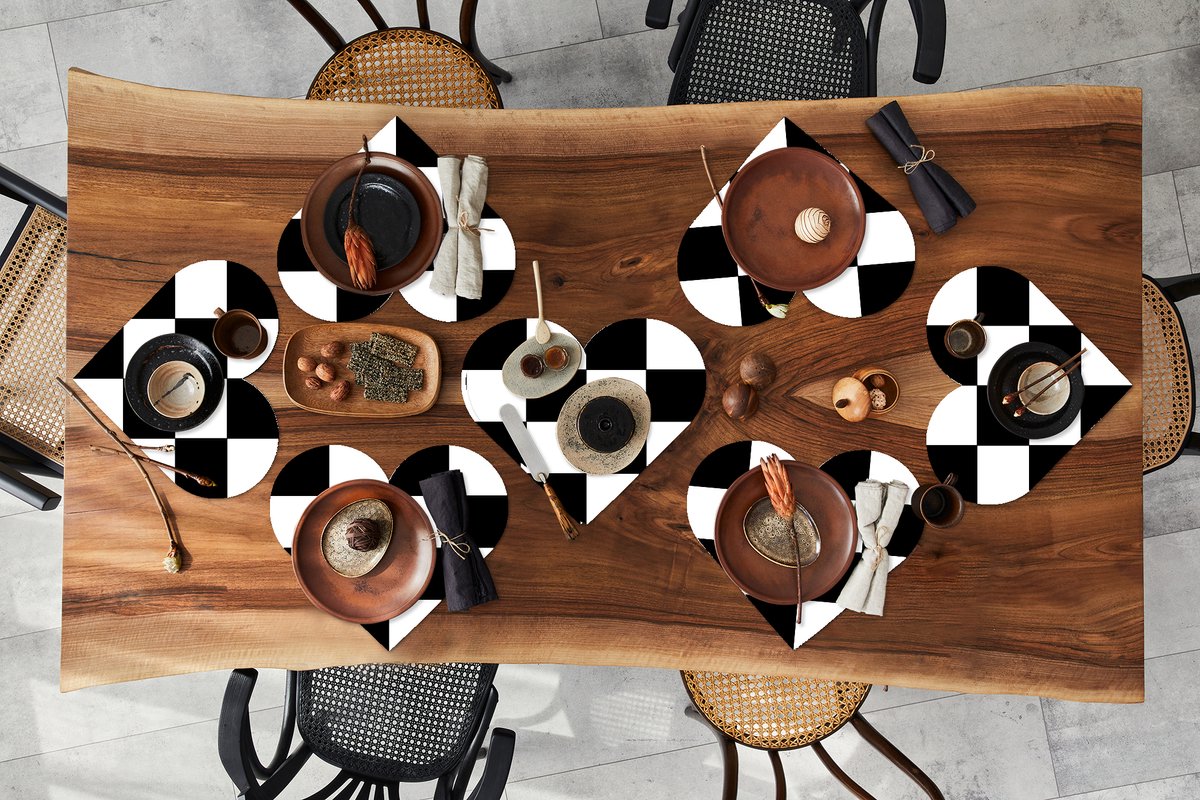 Onderleggers - Placemats - Placemats hartje - Schaakbord - Patronen - Zwart Wit - 8 stuks