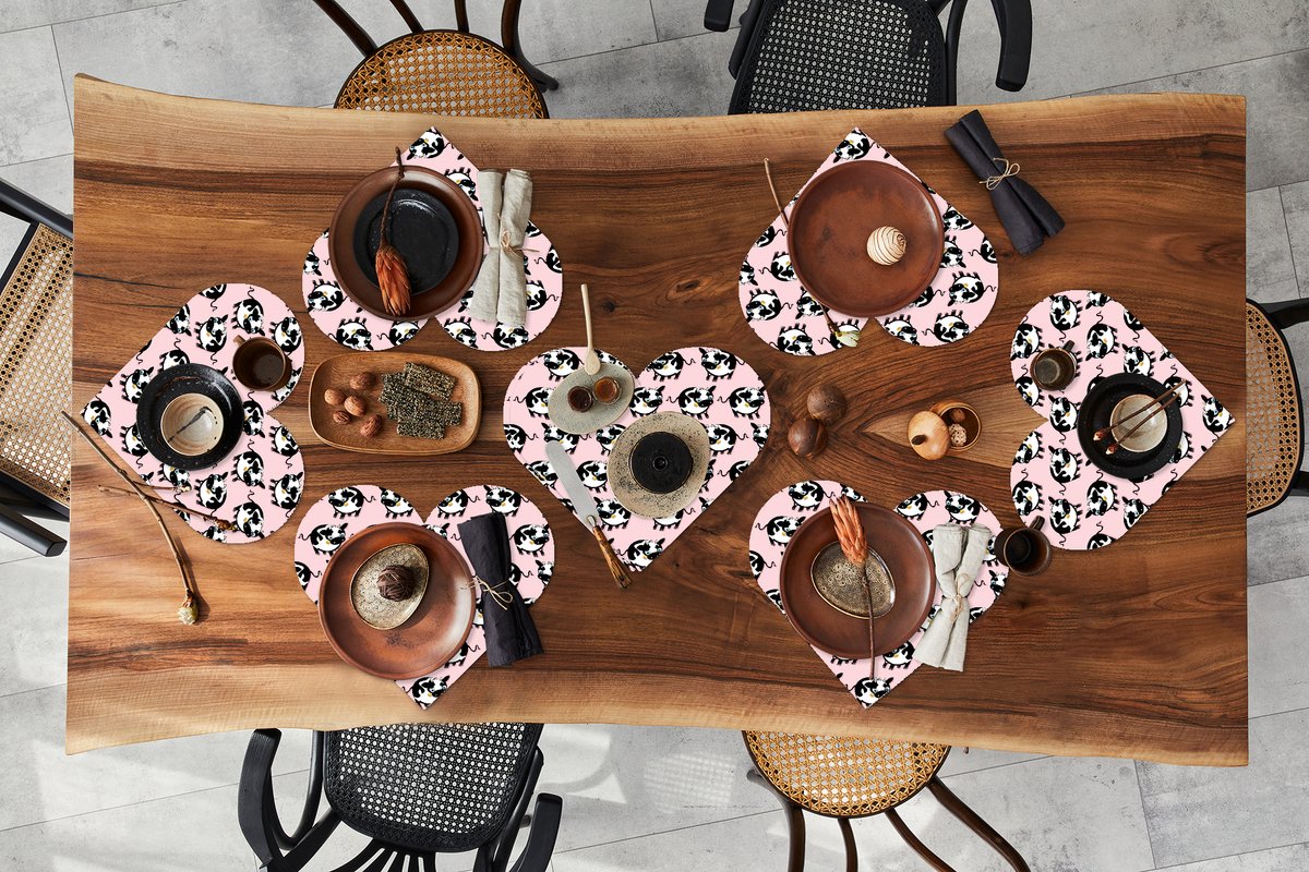 Onderleggers - Placemats - Placemats hartje - Koe - Roze - Patronen - 8 stuks