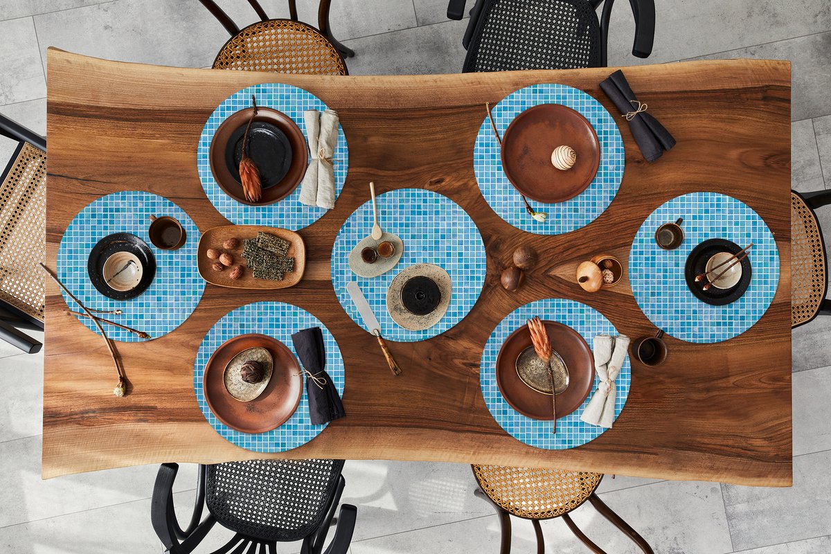 Ronde placemats - Onderlegger - Placemats rond - Tegel - Muren - Blauw - 8 stuks