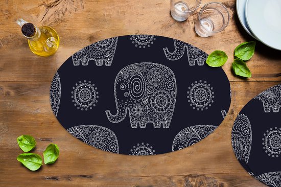 Napperons ovales - Sous-verres - Sets de table ovales - Motif - Éléphant - Fleurs - 6 pièces