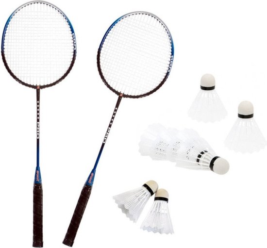 Badminton set zilver/blauw met 8x shuttles en opbergtas voor volwassenen