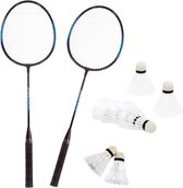 Badminton set blauw/zwart met 8x shuttles en opbergtas voor volwassenen