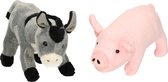 Pluche knuffel boerderijdieren set Ezel en Varken van 21 cm - Zachte kinder knuffels