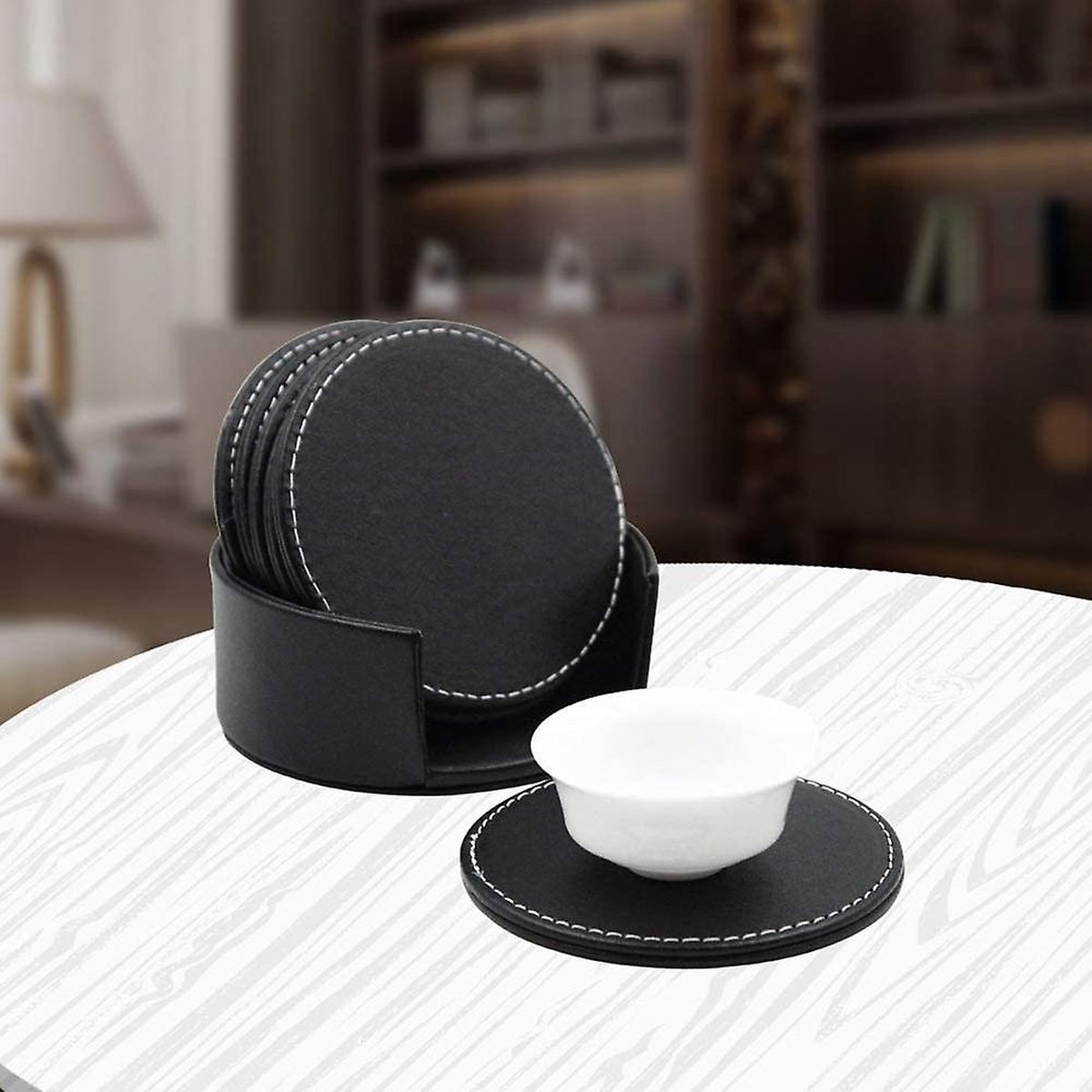 Lot De 8 Sous-Verres En Cuir Noir Avec Support - Protection Table Élégante
