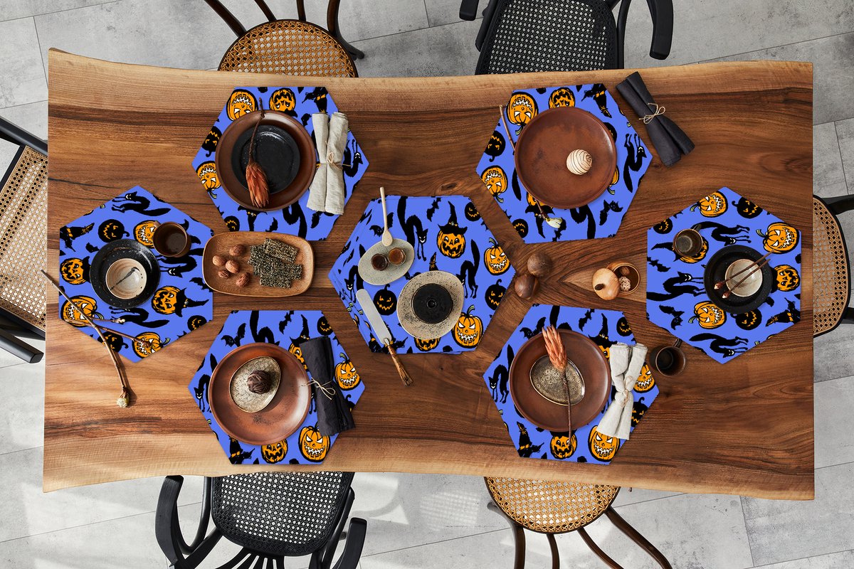 Placemats hexagon - Onderleggers placemats - Placemat zeshoek - Halloween - Kat - Heks - 10 stuks
