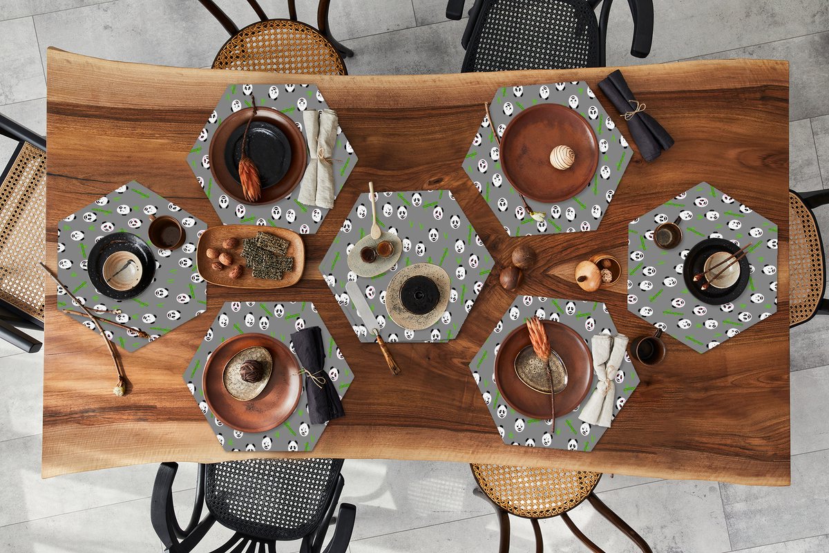 Placemats hexagon - Onderleggers placemats - Placemat zeshoek - Panda - Bamboe - Design - 8 stuks