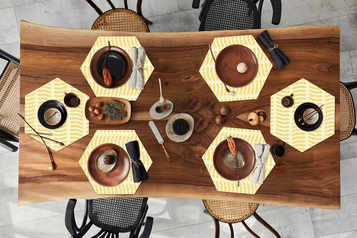 Placemats hexagon - Onderleggers placemats - Placemat zeshoek - Graan - Patronen - Waves - 6 stuks