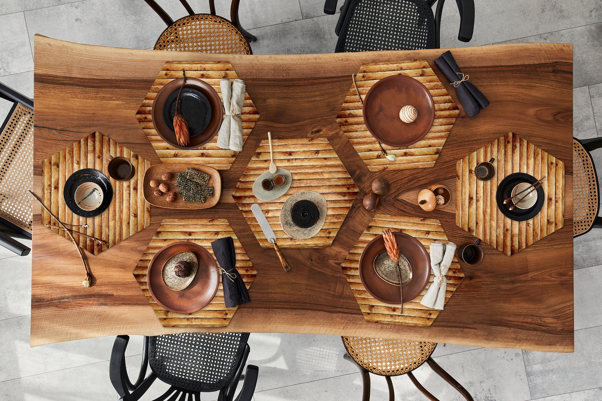 Placemats hexagon - Onderleggers placemats - Placemat zeshoek - Muur - Planken - Hout - 8 stuks