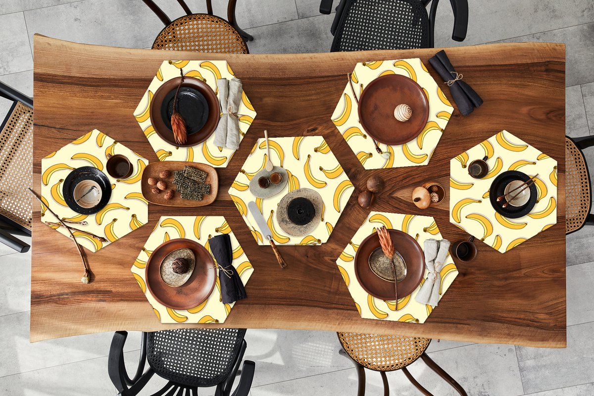 Placemats hexagon - Onderleggers placemats - Placemat zeshoek - Fruit - Design - Banaan - 8 stuks