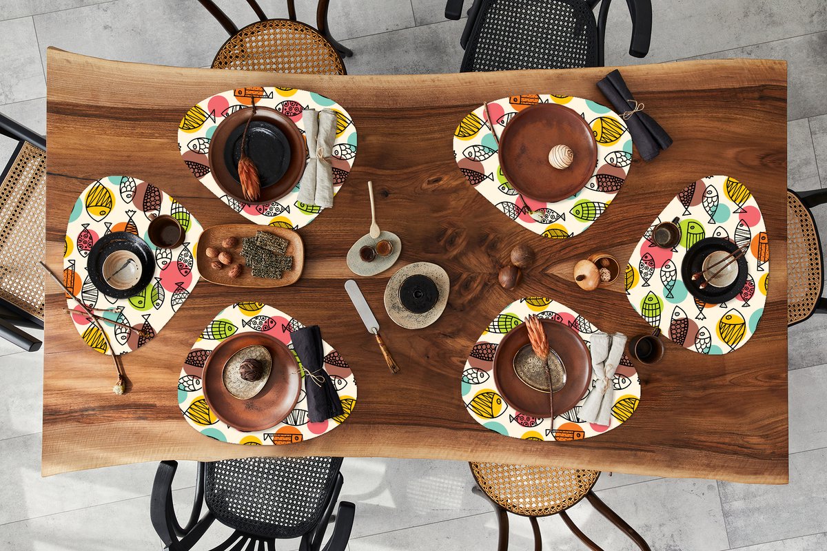 Placemat organisch - Placemats organic - Onderleggers - Stippen - Vis - Regenboog - 6 stuks