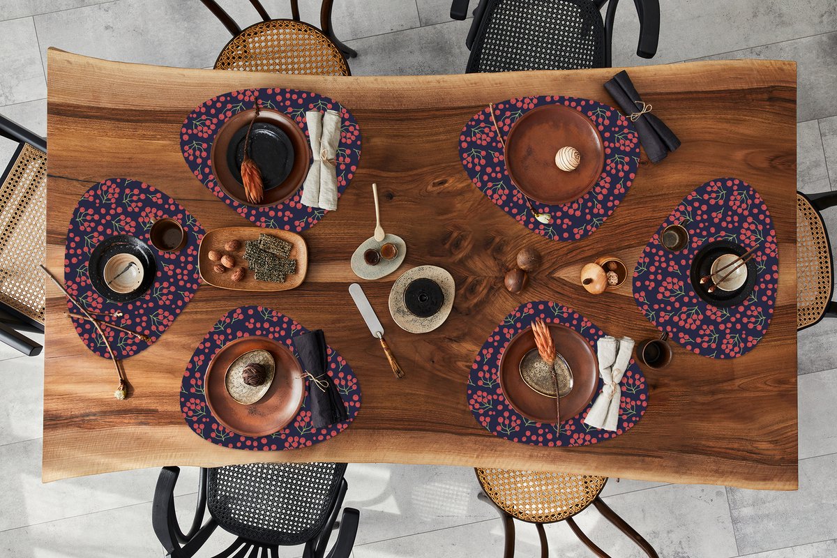 Placemat organisch - Placemats organic - Onderleggers - Patronen - Bessen - Rood - 6 stuks