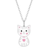 Zilveren ketting meisjes | Zilveren ketting met hanger, wit katje met roze hartje