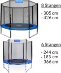 Twee trampolines met veiligheidsnetten, één met 8 palen Ø305cm/426cm, de andere met 6 palen Ø244cm/183cm/366cm.