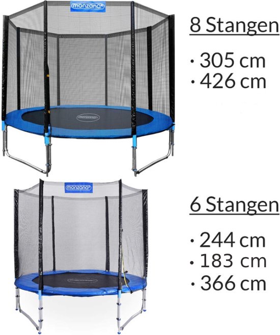 Twee trampolines met veiligheidsnetten, één met 8 palen Ø305cm/426cm, de andere met 6 palen Ø244cm/183cm/366cm.