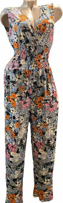 Dames jumpsuit met bloemenprint M/L (36-40) blauw/grijs/oranje