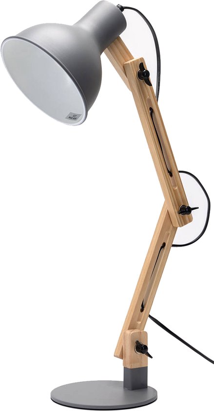 Lampe de Table LED - Eclairage de Table - Aigi Julia - Culot E27 - Rond - Grijs Mat / Marron - Bois