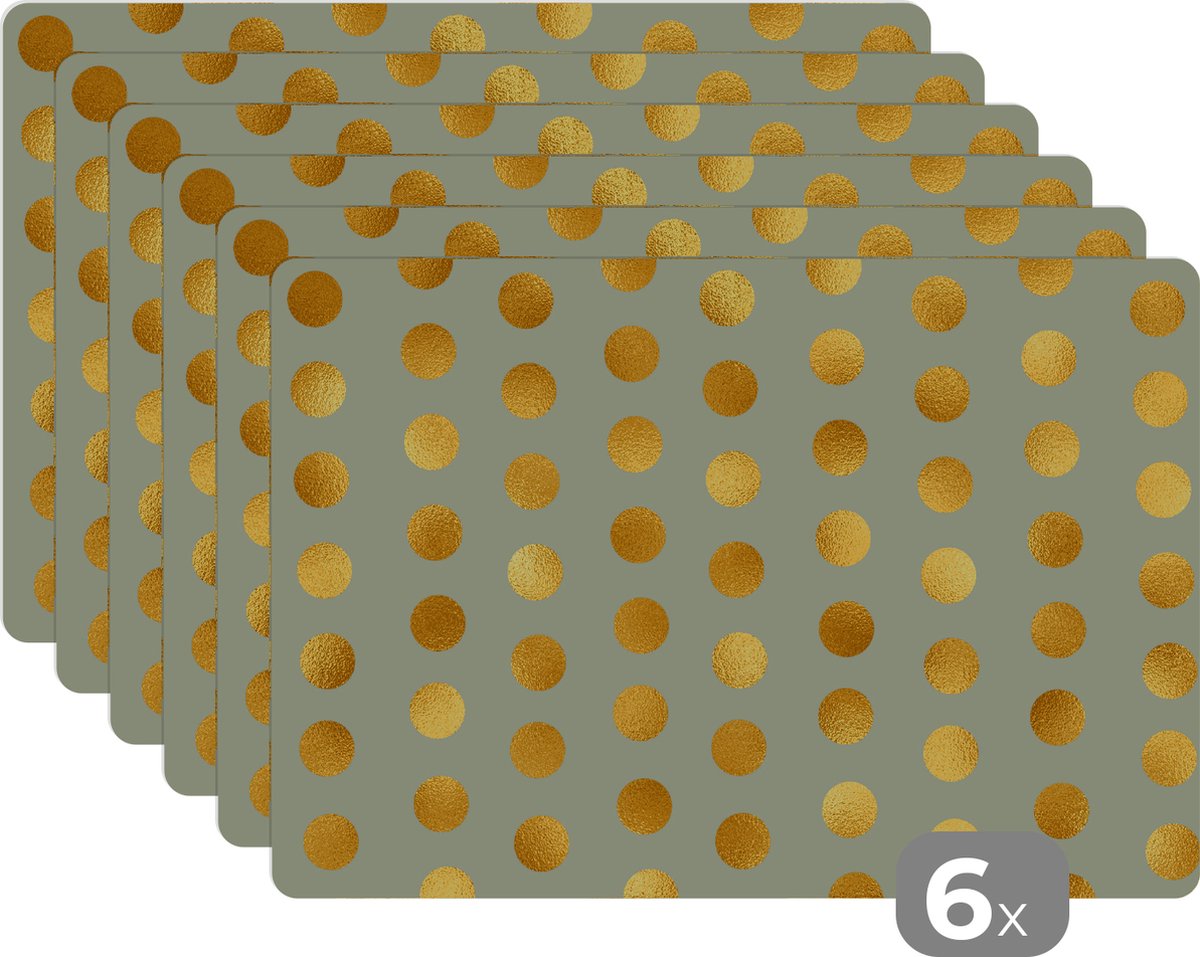 Placemats groen - Stippen - Goud - Patronen - Goud print - 45x30 cm - 6 stuks