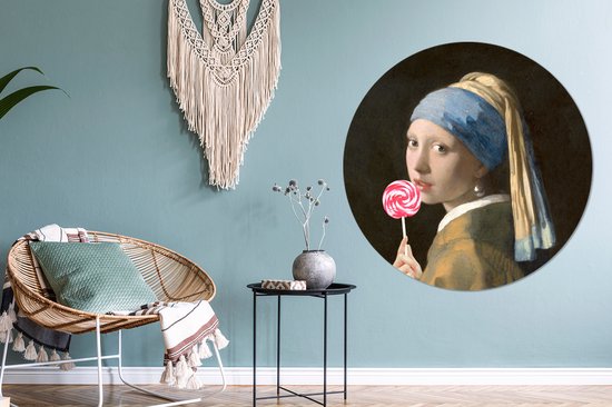 Anciens maîtres - Fille à la perle du vieux maître Johannes Vermeer avec sucette Assiette en plastique cercle mural - ⌀ 120 cm XXL /