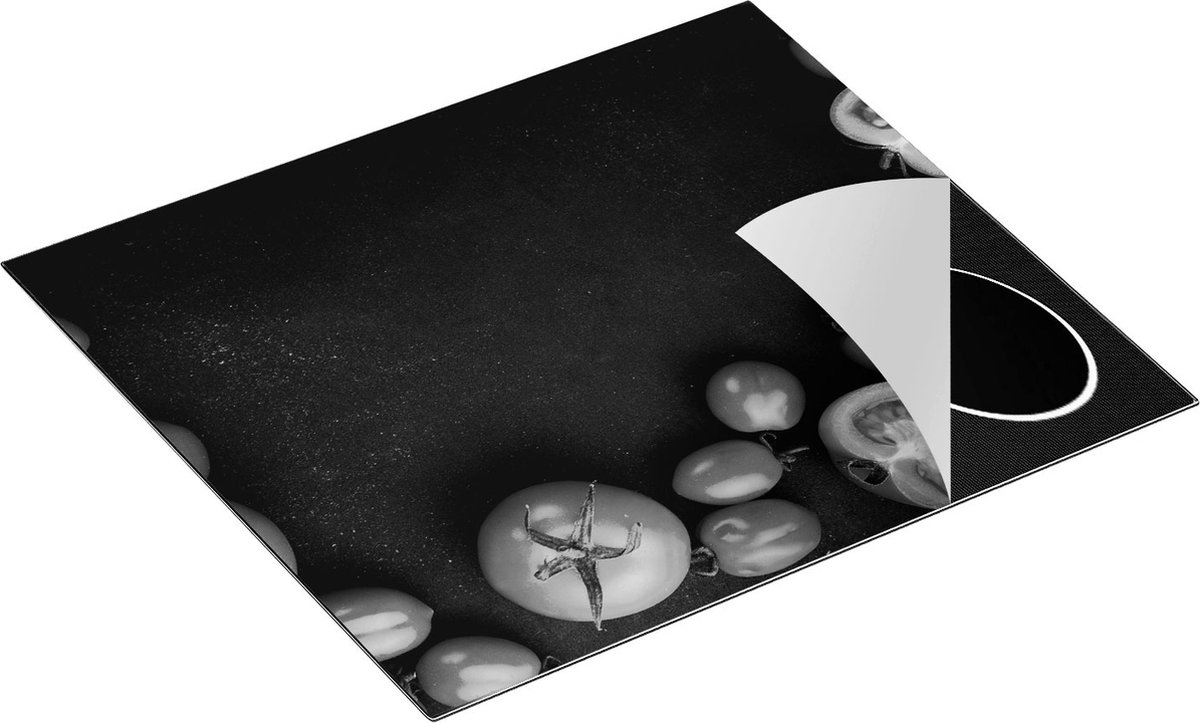 Chefcare Inductie Beschermer Tomaten op Zwarte Marmer - Groente - Zwart Wit - 60x55 cm - Afdekplaat Inductie - Kookplaat Beschermer - Inductie Mat
