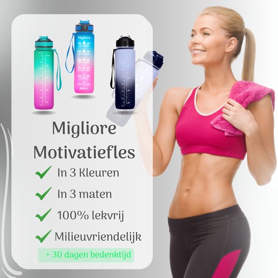 Migliore Drinkfles – Luxe Drinkfles Met Rietje – Waterfles 1 Liter – Water Bottle – Motivatie Waterfles met Tijdmarkeringen - Ook in 600 ml en 2 Liter