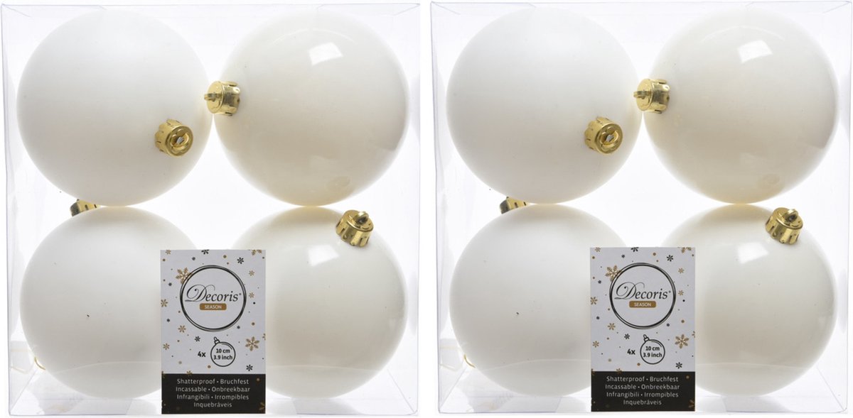 8x stuks kunststof kerstballen wol wit 10 cm - Mat/glans - Onbreekbare plastic kerstballen