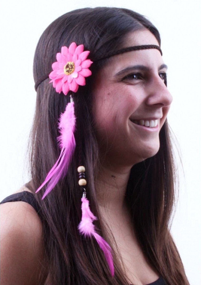 Hoofdbandje hippie / ibiza met bloem pink en veren - Merkloos
