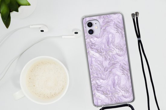 Coque avec cordon Adapté pour iPhone 12 Mini - Imprimé marbré - Argent - Luxe - Motif - Siliconen - Bandoulière - Coque arrière avec cordon - Coque téléphone avec cordon - Coque avec cordon