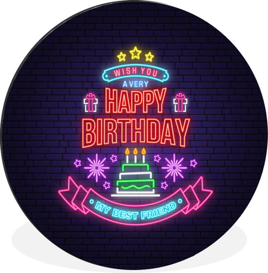 WallCircle - Wandcirkel - Muurcirkel - Happy Birthday - Party - Neon - Aluminium - Dibond - ⌀ 30 cm - Binnen en Buiten