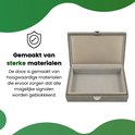 Grijze stoffen box, deels open, met een icoon van een schild en vinkje. Gemaakt van sterke materialen die signalen blokkeren.