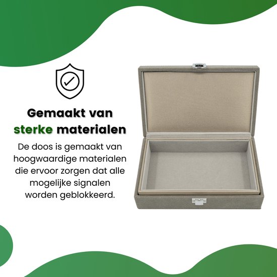 Grijze stoffen box, deels open, met een icoon van een schild en vinkje. Gemaakt van sterke materialen die signalen blokkeren.
