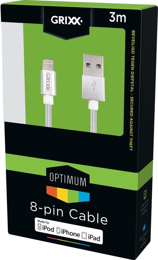 Grixx Optimum Kabel - Apple 8-pin - Gevlochten nylon - 3 meter - Wit - Grixx