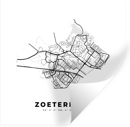 Muurstickers - Sticker Folie - Nederland – Zoetermeer – Stadskaart – Kaart – Zwart Wit – Plattegrond - 30x30 cm - Plakfolie - Muurstickers Kinderkamer - Zelfklevend Behang - Zelfklevend behangpapier - Stickerfolie