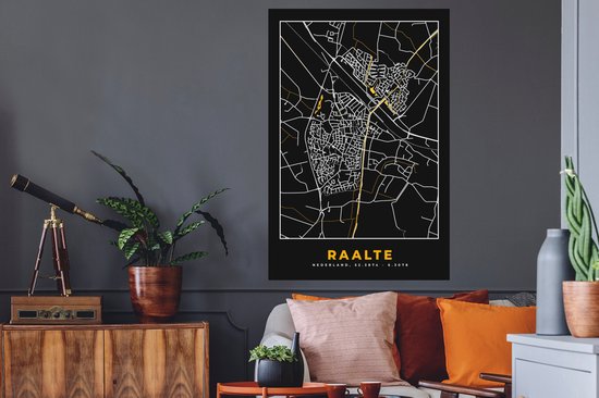 Stickers muraux - Raalte - Black and Gold et Or - Plan de la ville - Plan d'étage - Carte - 80x120 cm - Feuille adhésive