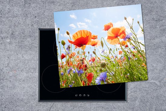 Een inductiebeschermer met een veld met klaprozen en korenbloemen.