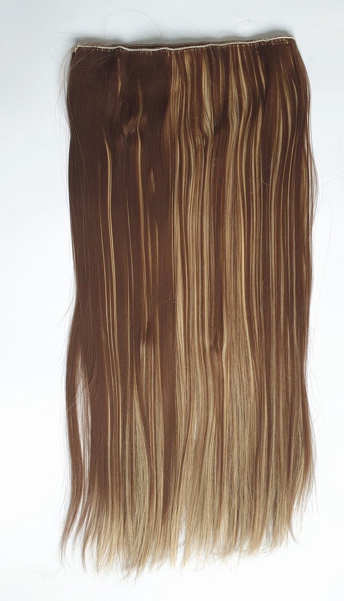 Clip in hairextension 1 baan stijl licht bruin goud blond mix lang krullen en stijlen mogelijk tot 130 graden extra vol