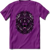 Leeuw - Dieren Mandala T-Shirt | Roze | Grappig Verjaardag Zentangle Dierenkop Cadeau Shirt | Dames - Heren - Unisex | Wildlife Tshirt Kleding Kado | - Paars - S