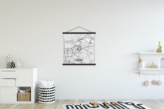 Posterhanger incl. Poster 60x60 cm - Schoolplaat - Zwart Wit – België – Plattegrond – Stadskaart – Kaart – Mons - Textielposter - Zwarte latten - Stadskaart